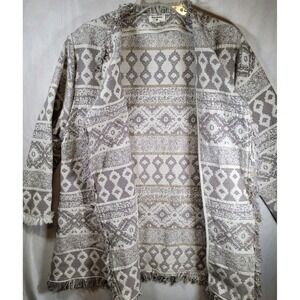 World Market Tapestry Cardigan Sweater Womens Size L/XL Tan Aztec Print‎ Cotton